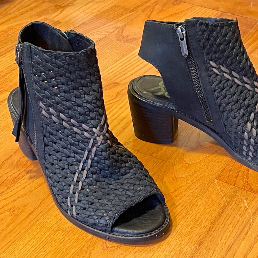 Sam Edelman Cooper Womens 8.5 Black Leather Bootie Sandals Chunky 2.5" Heels